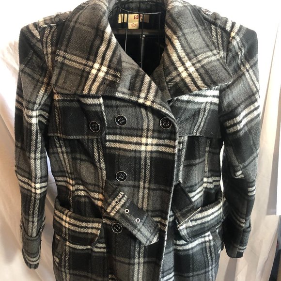H2J Womens XL Black Plaid Jacket Coat Pea Coat - Picture 1 of 6